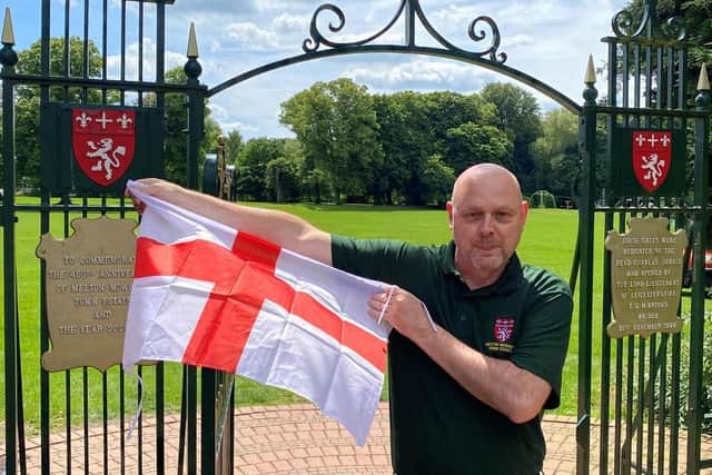 Dean Rees, CEO of Melton Mowbray Town Estate, gets ready to cheer on England in Play Close Park