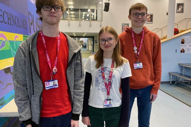 MV16 students James Wyld (left0, Ruby Stanley and Sam Scoble, who all have Oxbridge offers conditional on their A-level results