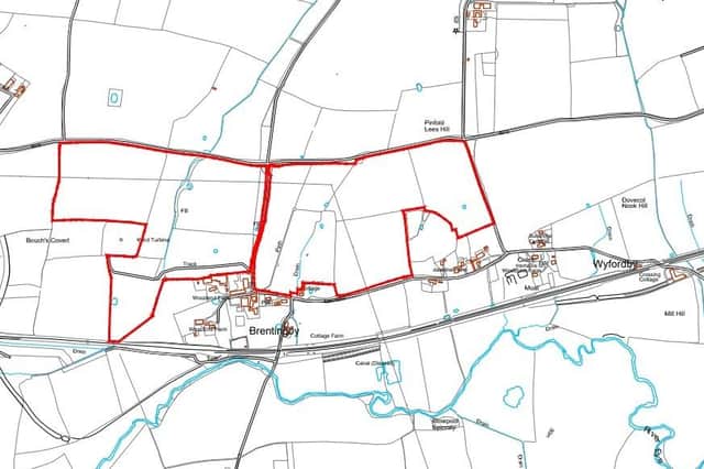 The proposed site (bounded in red) where the proposed Brentingby Meadows Solar Farm would be built