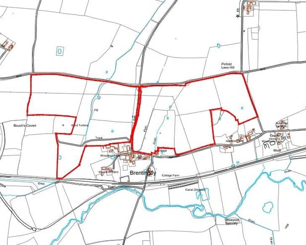 The proposed site (bounded in red) where the proposed Brentingby Meadows Solar Farm would be built