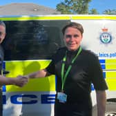 New Melton and Rutland police commander, Inspector Darren Richardson, is congratulated by outgoing Inspector Lindsey Madeley-Harland, who has been promoted to a Chief Inspector role in south Leicestershire