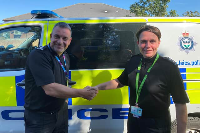 New Melton and Rutland police commander, Inspector Darren Richardson, is congratulated by outgoing Inspector Lindsey Madeley-Harland, who has been promoted to a Chief Inspector role in south Leicestershire