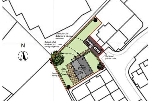 Outline plans showing the proposed bungalow in the corner of Navigation Close in Melton