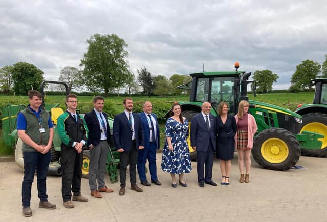 Education Minister, Nadhim Zahawi MP, pictured on his visit to Brooksby College with Melton MP Alicia Kearns and SMB College Group principal, Dawn Whitemore, and other college representatives