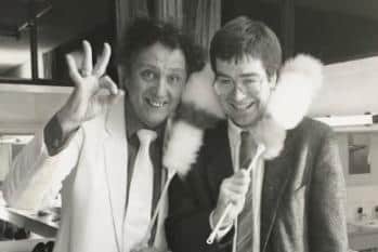 Comedy legend Ken Dodd pictured at Melton Theatre with the then manager Ray Flude when he appeared there in the 1980s