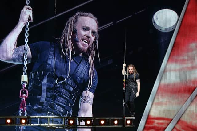 Tim Minchin as Judas in Jesus Christ Superstar (photo: Brendon Thorne/Getty Images) with (below in circle) Jennifer Hudson attends Hairspray Live! in Hollywood (photo: Alberto E Rodriguez/Getty Images)