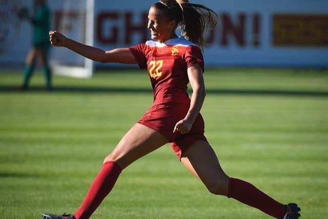 Celebrating her winning goal in the 1-0 victory over the University of Berkeley this season EMN-171219-173441002