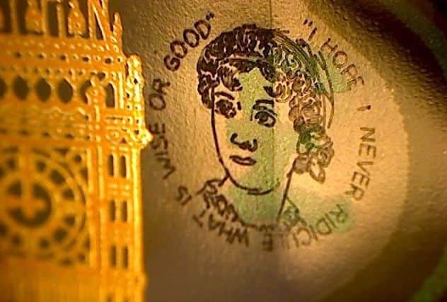 The micro-engraved portrait of Jane Austen etched by artist Graham Short on a £5 note spent in Melton which could be worth up to £50,000 EMN-171221-163603001