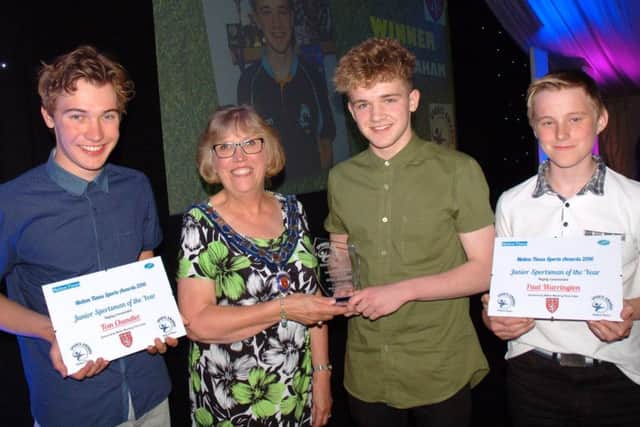 Junior Sportsman of the Year winner Will Graham with finalists Tom Chandler (left) and Paul Warrington (right), and Dinah Hickling of Melton Mowbray Town Estate EMN-180301-124625002
