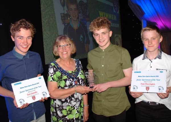 Junior Sportsman of the Year winner Will Graham with finalists Tom Chandler (left) and Paul Warrington (right), and Dinah Hickling of Melton Mowbray Town Estate EMN-180301-124625002