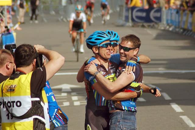 Metaltek team owner Andy Swain celebrates with Melton-Rutland International CiCLE Classic winner Fleeman EMN-170823-154913002