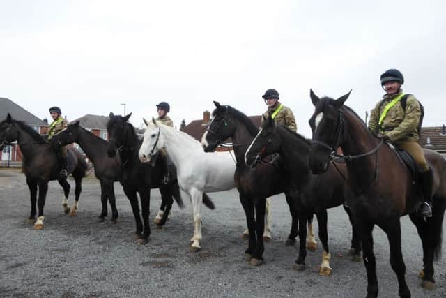 Seven horses from the Household Cavalry visit a coffee monring at the Welby Lane Mission Church in Melton, while being exercised by personnel from the Defence Animal Centre EMN-180115-105048001