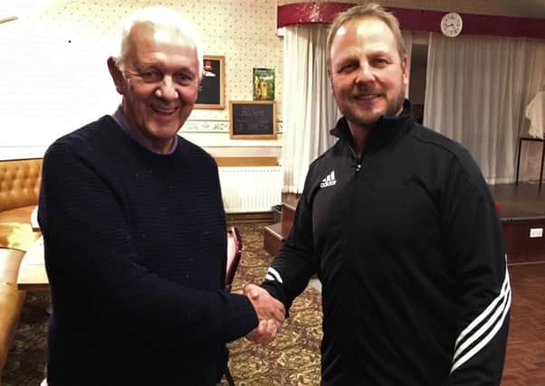 Holwell Sports chairman Graham Lewin (left) welcomes new manager Andy Gray