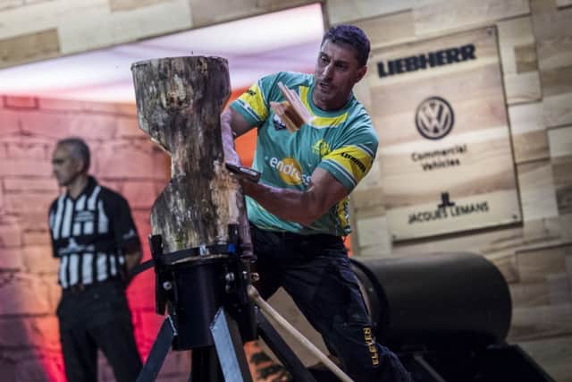 Brad De Losa of Australia competes in the Standing Block Chop discipline during the STIHL TIMBERSPORTS World Championship at the Hakons Hall in Lillehammer, Norway, 2017 PHOTO: Joerg Mitter