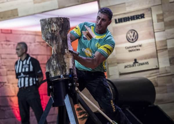 Brad De Losa of Australia competes in the Standing Block Chop discipline during the STIHL TIMBERSPORTS World Championship at the Hakons Hall in Lillehammer, Norway, 2017 PHOTO: Joerg Mitter