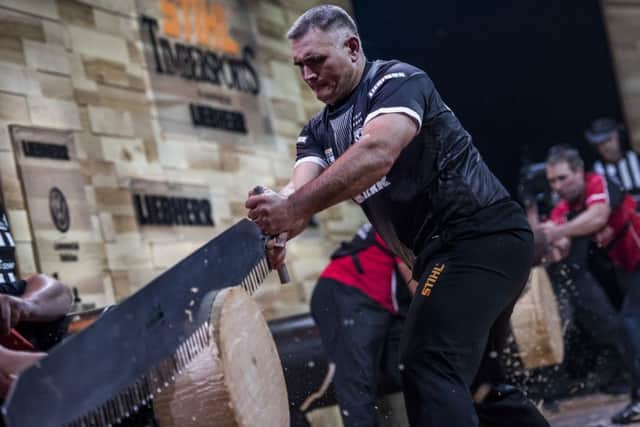 Jason Wynyard of New Zealand competes in Single Buck discipline during the STIHL TIMBERSPORTS World Championship at the Hakons Hall in Lillehammer, Norway, 2017 PHOTO: Sebastian Marko