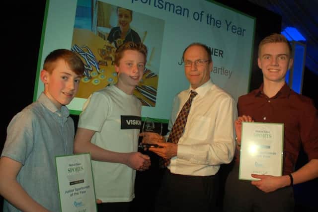 Junior Sportsman of the Year James Bartley with Mark Bendle, of sponsors Brooksby Melton College, and finalists Finn Noble (right) and Liam Tew EMN-180802-225720002