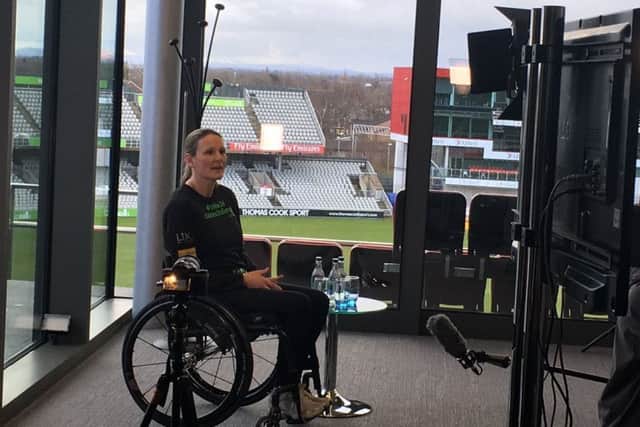 Claire Lomas at Old Trafford Cricket Ground during a promotional event for the ASICS Greater Manchester Marathon which she is taking part in EMN-180213-113117001