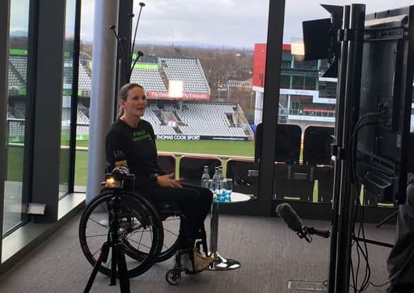 Claire Lomas at Old Trafford Cricket Ground during a promotional event for the ASICS Greater Manchester Marathon which she is taking part in EMN-180213-113117001