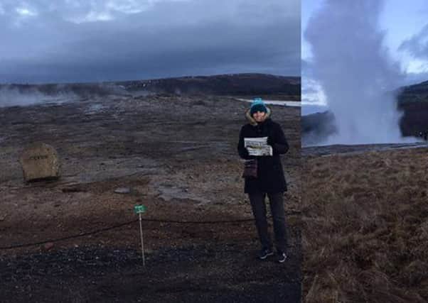 Reader Charlotte Baker with her Melton Times in Haukadalur, Iceland