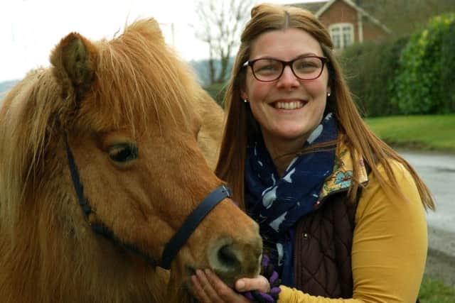 Alexandra North, who had her pony carriage stolen before she could use it on her wedding day, with Sally, her Shetland pony EMN-180221-132356001