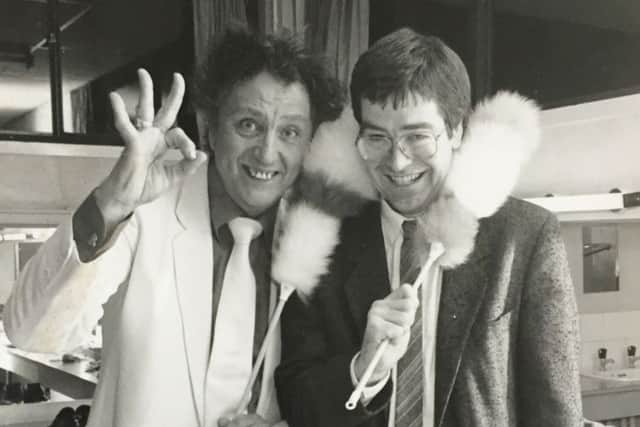 Ken Dodd pictured before one of his Melton Theatre shows in the 1980s with the then theatre manager Ray Flude EMN-180314-093853001