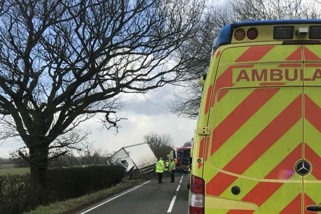 Emergency services attend the scene of a road traffic incident, on the B676 Melton Road between Six Hills and Burton on the Wolds, which left a lorry driver with serious injuries
PHOTO East Midlands Ambulance Service EMN-180313-125931001