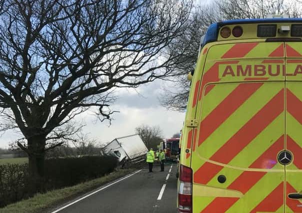 Emergency services attend the scene of a road traffic incident, on the B676 Melton Road between Six Hills and Burton on the Wolds, which left a lorry driver with serious injuries

PHOTO East Midlands Ambulance Service EMN-180313-125931001