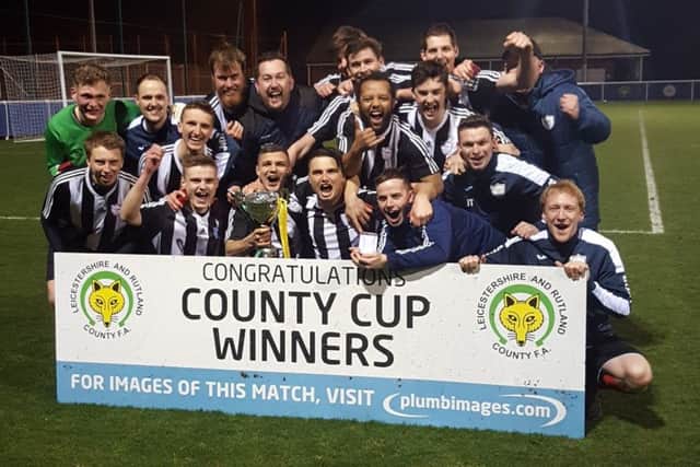 Wymeswold FC celebrate with the County Saturday Intermediate Cup after a rollercoaster 10-goal final. Picture courtesy of Jamie Clarke EMN-180321-122910002