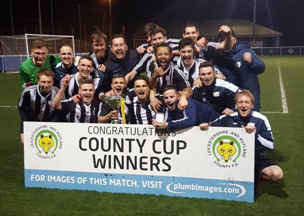 Wymeswold FC celebrate with the County Saturday Intermediate Cup after a rollercoaster 10-goal final. Picture courtesy of Jamie Clarke EMN-180321-122910002