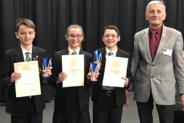 Intermediate team - Tom McEnery, Cecilly Parsons and Daniel Williams pictured with past district governor John Dehnel PHOTO: Supplied