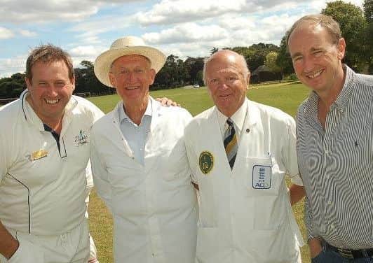 With former England bowlers Tim Munton (left) and Jonathan Agnew (right), and Egerton Park's Geoff Goodson in 2011 EMN-180328-111344002