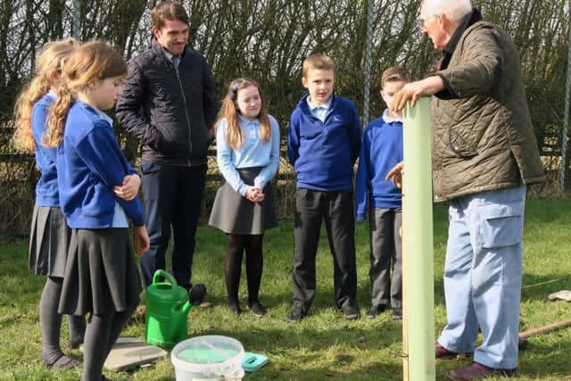 Dennis Hurst explaining the tree could grow to 40ft high PHOTO: Supplied