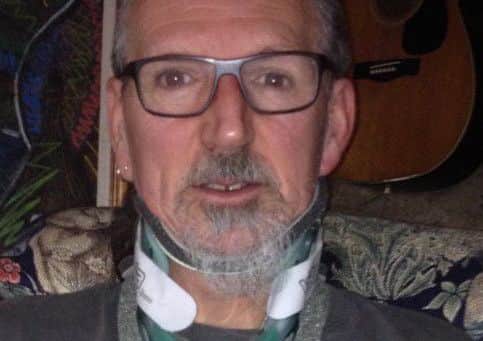 Professional investigator Darryl Cunnington pictured in a neck brace after being assaulted by two members of the Belvoir Hunt EMN-181004-144845001