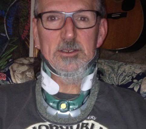 Professional investigator Darryl Cunnington pictured in a neck brace after being assaulted by two members of the Belvoir Hunt EMN-181004-144845001