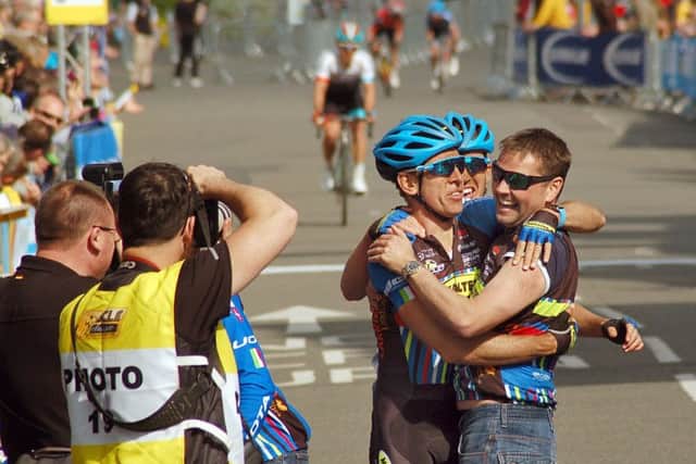 Metaltek team owner Andy Swain celebrates with Melton-Rutland International CiCLE Classic winner Fleeman in 2017 EMN-180417-171059001