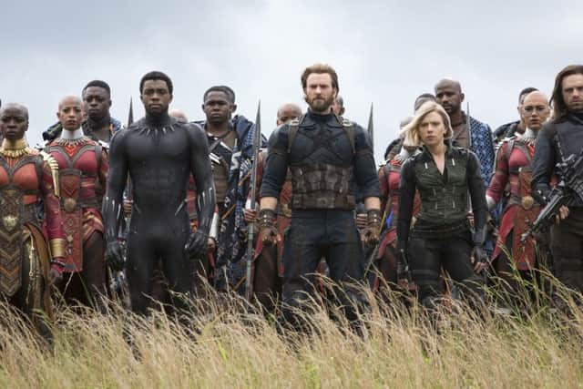 Danai Gurira as Okoye, Chadwick Boseman as Black Panther/T'Challa, Chris Evans as Captain America/Steve Rogers, Scarlett Johansson as Black Widow/Natasha Romanoff and Sebastian Stan as Winter Soldier/Bucky Barnes PHOTO: PA Photo/Marvel Studios/Chuck Zlotnick