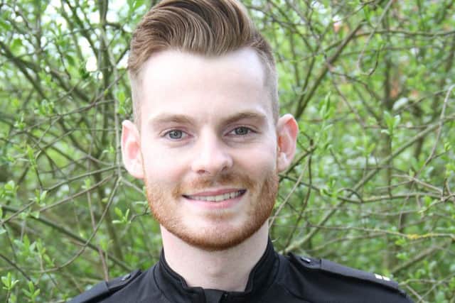 Pc Lewis Sparling, who is succeeding his late father by serving in the Leicestershire Police force, wearing the same collar number EMN-180427-130540001