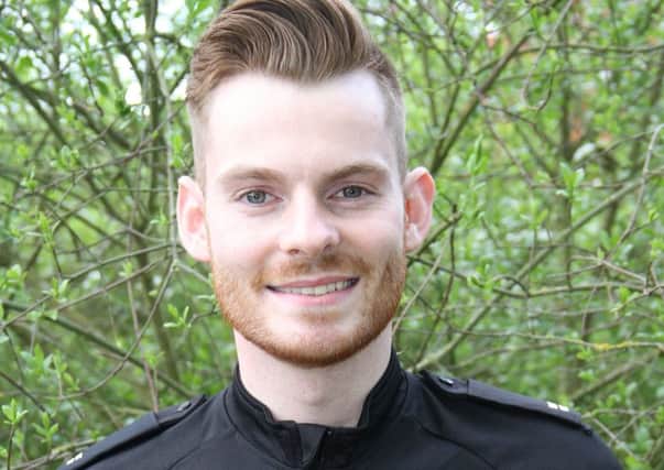 Pc Lewis Sparling, who is succeeding his late father by serving in the Leicestershire Police force, wearing the same collar number EMN-180427-130540001