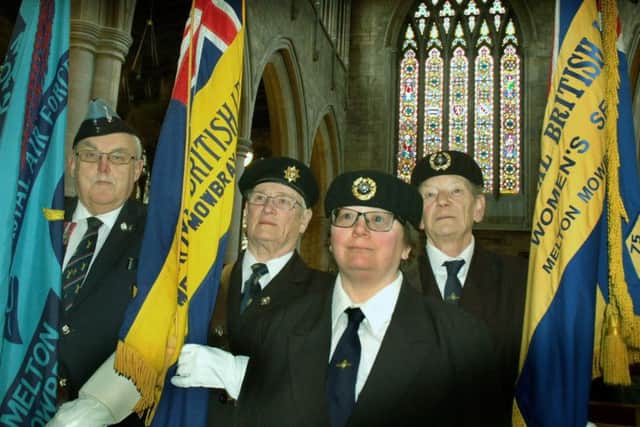 Standard bearers Phil Taylor, Chris Talbot and Eileen Booker with escort Dawn Booker at a 'laying up' service for Melton's Royal British Legion women's section, known as Keswick House Ladies' Club EMN-180430-124856001