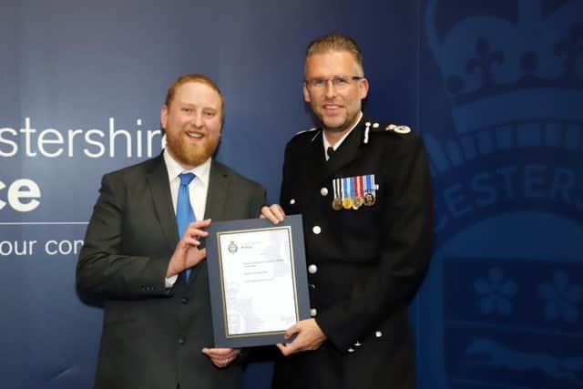 Vale of Belvoir beat PCSO Matthew Robinson receives a 'highly commended' certificate from Leicestershire Chief Constable Simon Cole EMN-180105-123649001