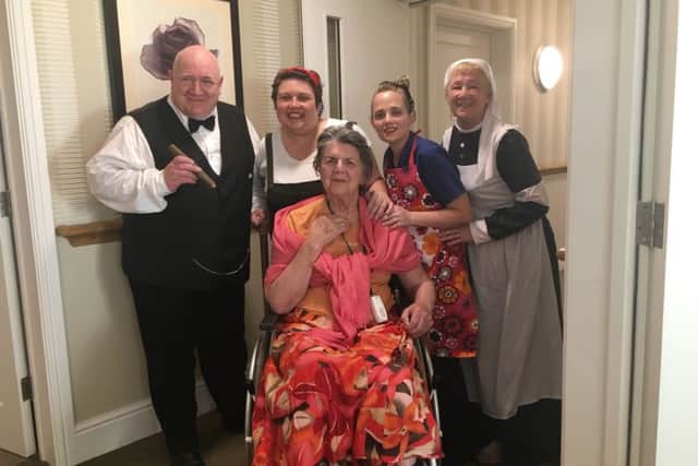 The Amwell staff Steve Poole (as Winston Churchill), Tina MacPhee, Jess Doughty, Laraine Lewis and care home resident Olive White PHOTO: Supplied