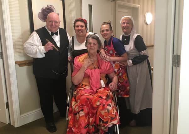 The Amwell staff Steve Poole (as Winston Churchill), Tina MacPhee, Jess Doughty, Laraine Lewis and care home resident Olive White PHOTO: Supplied