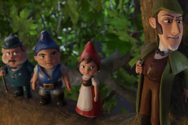 Watson (voiced by Chiwetel Ejiofor), Gnomeo (James McAvoy), Juliet (Emily Blunt) and Sherlock Gnomes (Johnny Depp) PHOTO: PA Photo/Paramount Pictures/Metro-Goldwyn-Mayer Pictures Inc