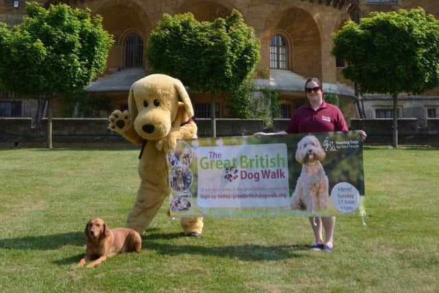 Brandy (dog), Lucy Ward (dog costume) and Gemma Wardle promote the Belvoir Castle Great British Dog Walk PHOTO: Supplied