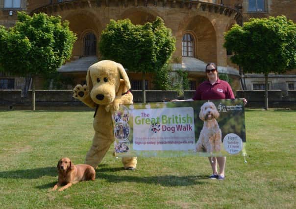 Brandy (dog), Lucy Ward (dog costume) and Gemma Wardle promote the Belvoir Castle Great British Dog Walk PHOTO: Supplied