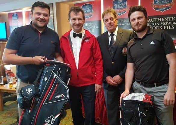 Winners Danny Raven (left) and Tom Westbury (right) with Stephen Hallam, of sponsors Dickinson and Morris, and Melton GC captain Glenn Price EMN-181206-122926002