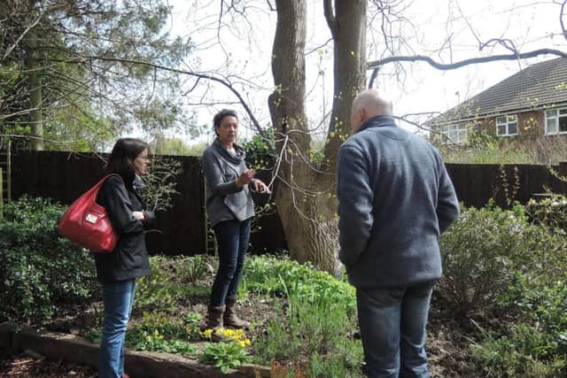 Gardner Christina Moulton shows some visitors the Tulip Tree leaves PHOTO: Supplied