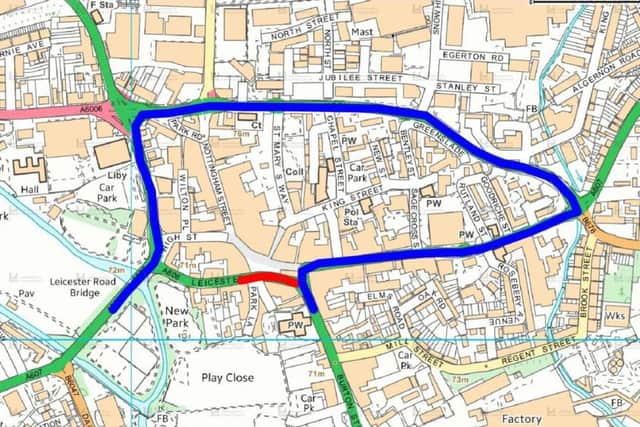 The diversion route (blue) for Melton traffic when Market Place (red) is closed for up to three weeks from July 7.
Map: Leicestershire County Council EMN-180625-121518001