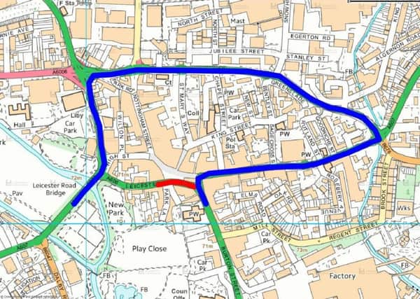 The diversion route (blue) for Melton traffic when Market Place (red) is closed for up to three weeks from July 7.
Map: Leicestershire County Council EMN-180625-121518001